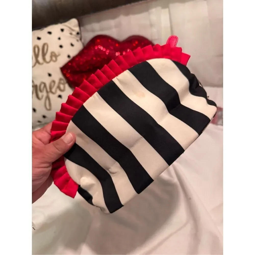 BJ betsey johnson vintage stripe & ruffle top makeup cosmetic small bag heart